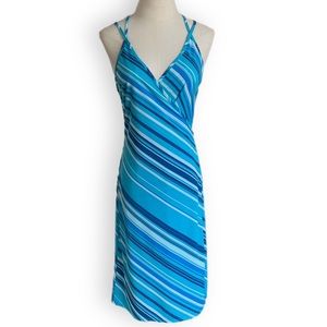 Vintage Express Blue Turquoise Striped Wrap Dress